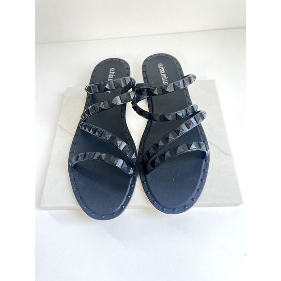 Womens Studded Black Slide Sandals - Picture 5 of 6